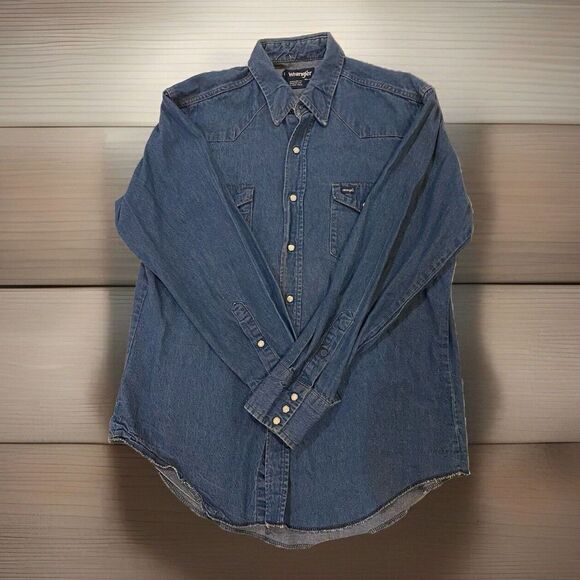 Wrangler Mens Extra Long Tails Denim Shirt Sz 16.5-34 Pearl Snap Made In USA - Picture 1 of 9